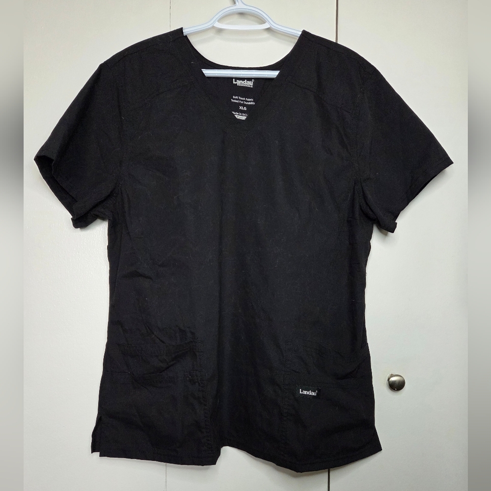 ☀️Landau Essentials Women's XL Black V Neck Scrub Top Multi-Pocket